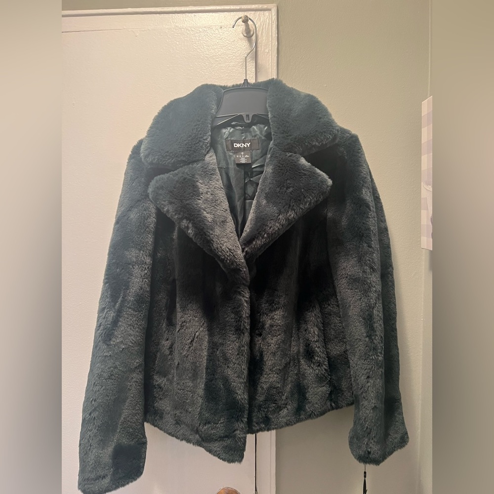DKNY emerald green faux fur bomber NWT